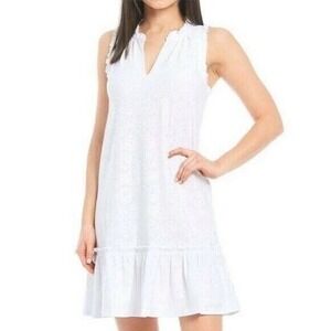 Michael Kors Women's Size L White Eyelet Shift Dress Sleeveless Ruffled‎ Neck
